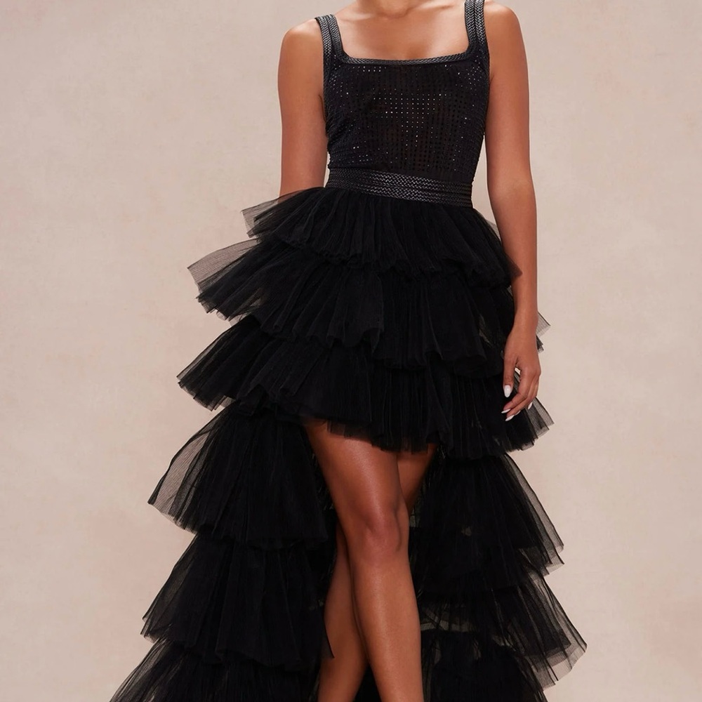 Black Tiered Ruffled High-Low Gown - Picture 2 of 4